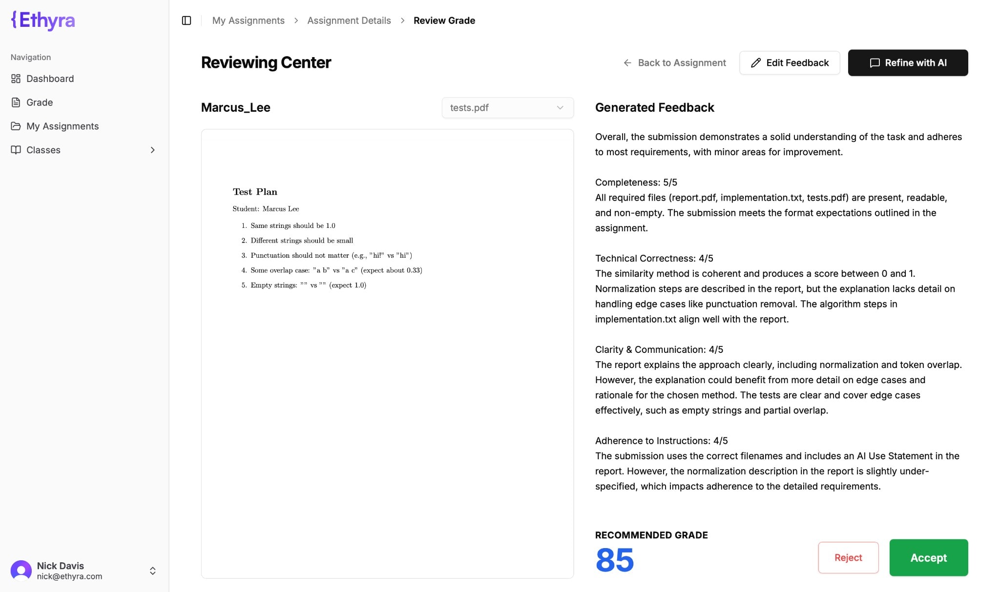 Ethyra Reviewing Center — review AI-generated feedback and grades